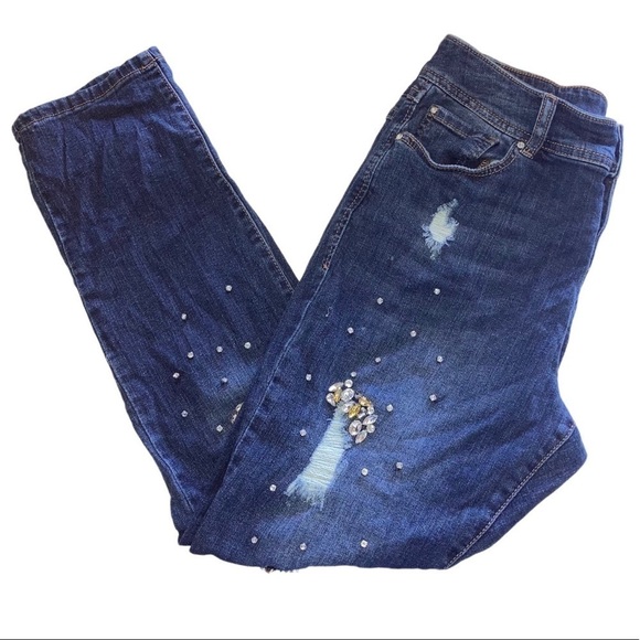 Inc Boyfriend Distress Crystal Crop Womens Jeans 10 Blue - Picture 3 of 12